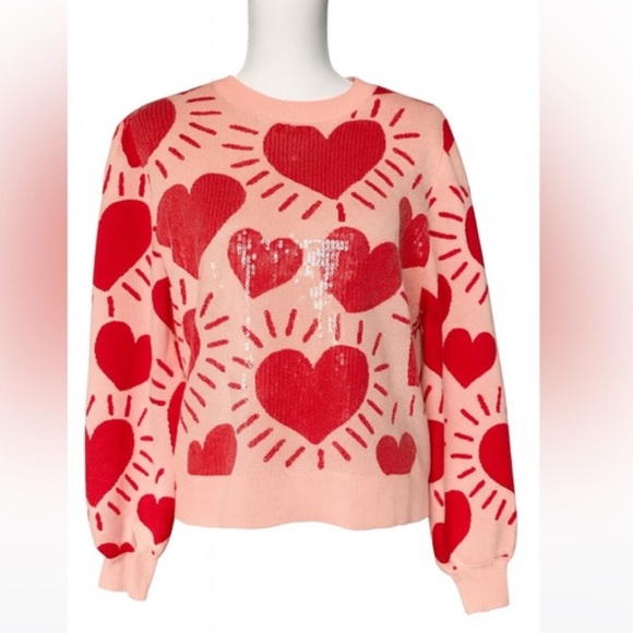 Marled Sweaters - M by Marled Pink & Red Knit Heart Sequin Sweater (Size S) ✨
